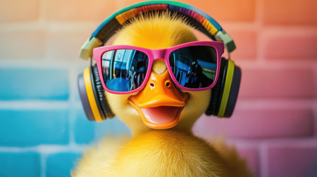 A cheerful duckling wearing colorful headphones and pink sunglasses. This vibrant image captures the fun spirit and playful nature of this adorable pet. Perfect for use in music, summer, or lifestyle themes.の素材