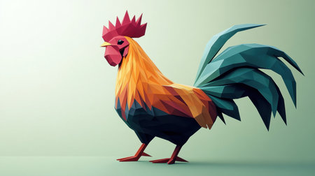 This stunning polygonal rooster showcases vibrant colors and geometric shapes, making it a perfect addition to modern art collections and creative projects.の素材