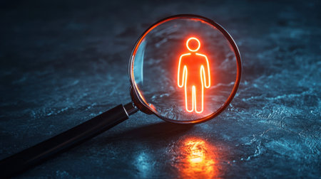 A magnifying glass focuses on a neon human figure against a dark backdrop, symbolizing investigation and observation in a modern setting. Perfect for conceptual use.の素材