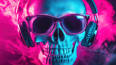 This striking image features a neon skull wearing sunglasses and headphones amid a cloud of colorful smoke, perfect for themes of music, nightlife, and creative expression.の素材
