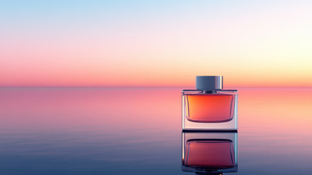 A striking perfume bottle poised gracefully against a stunning sunset reflection. The calm water enhances the elegance of the design, creating a serene atmosphere perfect for beauty and fragrance themes.の素材