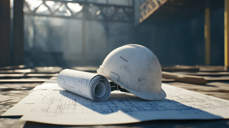 A construction hard hat rests on rolled blueprints atop a worktable in a sunlit workshop. The image captures the essence of architectural planning and safety in the construction industry.の素材