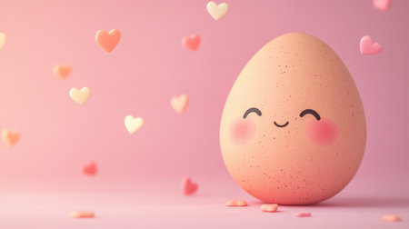 A charming egg character with a joyful smile, surrounded by playful heart shapes on a soft pink background. Perfect for festive and romantic themes.の素材
