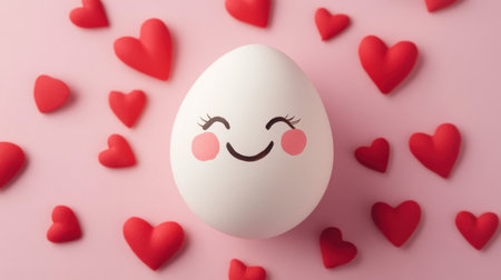 This image features a cute smiling egg surrounded by red hearts on a soft pink background. Perfect for themes of love, celebration, and joy.の素材