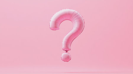A vibrant pink balloon shaped like a question mark floats against a soft pink background, symbolizing curiosity and inquiry, ideal for creative projects, advertising, and festive decorations.の素材