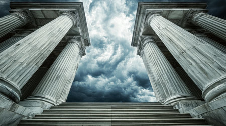 This image showcases majestic pillars rising under a dramatic cloudy sky, featuring granite steps leading to a timeless architectural marvel. Perfect for themes of history and heritage.の素材