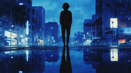 A striking silhouette of a person stands in the rain amidst a vibrant urban landscape. The scene features dramatic reflections and moody blue tones, evoking solitude and mystery.の素材