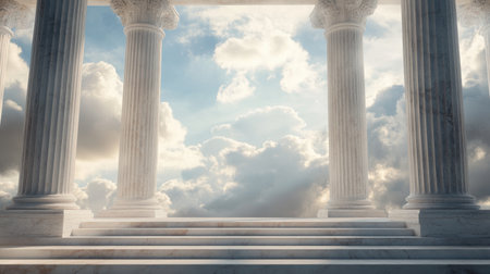 A stunning view featuring majestic architectural columns reaching toward a light blue sky filled with soft clouds, creating an inspiring and serene atmosphere.の素材