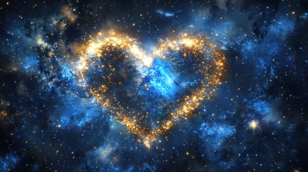 A mesmerizing heart shape made of shining stars and cosmic elements in deep space, evoking feelings of love and wonder among the vast universe.の素材