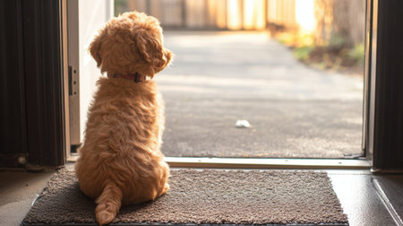 A curious puppy sits by the doorway, gazing outside with a sense of wonder. The soft evening light enhances the serene atmosphere of this cozy home scene.の素材