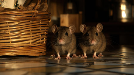 Two adorable mice explore their cozy surroundings, showcasing curiosity and playfulness. The warm lighting and textured environment create a charming, peaceful scene.の素材