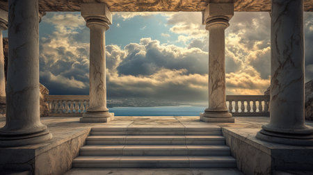 An enchanting view featuring classical columns overlooking a tranquil sea under dramatic clouds. This scene captures a serene blend of architecture and nature.の素材