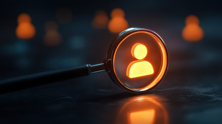 A close-up view of a magnifying glass focusing on a user icon, illuminated against a dark backdrop. Perfect for concepts of search and digital connections.の素材