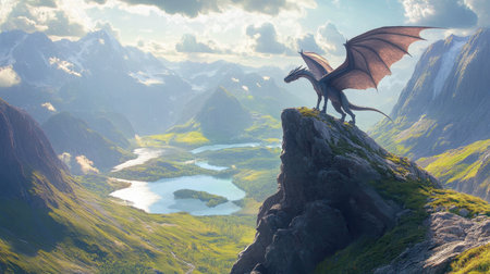 A stunning dragon stands on a rocky peak, overlooking a lush valley filled with rivers and lakes, illuminated by warm sunset light, evoking a sense of adventure.の素材