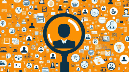A magnifying glass highlights a profile symbol surrounded by various business icons. This illustration represents data analysis, professional networking, and digital communication.の素材