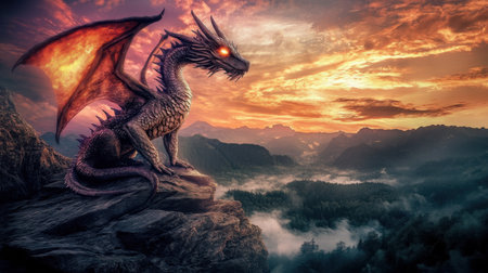 A majestic dragon perches on a rocky outcrop, its fiery eyes gazing over a mystical landscape at sunset. This enchanting scene captures the essence of fantasy and adventure.の素材