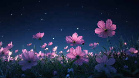 A stunning view of pink flowers blooming in a lush meadow under a starry night sky, capturing the beauty and serenity of nature in a tranquil outdoor setting.の素材