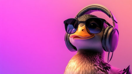 A delightful cartoon duck sporting stylish sunglasses and headphones, exuding a trendy vibe against a vibrant, colorful background. Perfect for conveying fun and music themes.の素材