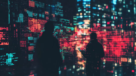 A captivating abstract scene featuring silhouettes against vibrant digital data projections. This image represents technology, innovation, and data analysis in a modern environment.の素材