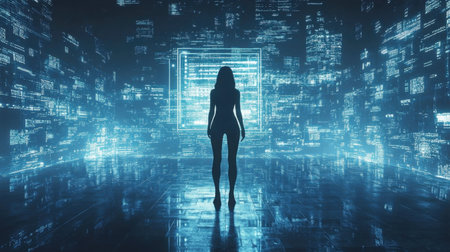 A captivating silhouette of a woman standing in a futuristic digital realm filled with glowing data patterns. The scene evokes feelings of solitude and exploration in a cybernetic environment.の素材