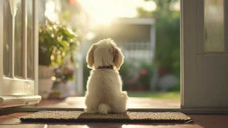 A cute puppy sits at the doorway, gazing at the warm sunrise. The serene moment captures the essence of peace and curiosity in a cozy setting.の素材