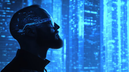 A silhouette of a man with glasses against a glowing blue digital city backdrop. This image symbolizes the intersection of technology and human creativity, evoking futuristic ideas.の素材
