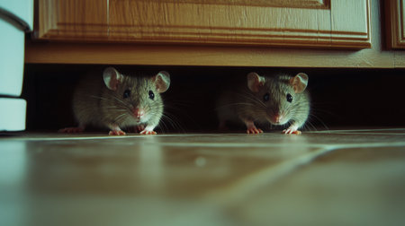 Two curious mice peek out from beneath a kitchen cabinet, showcasing their adorable features and playful demeanor in a cozy home setting.の素材