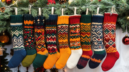 A vibrant display of hand-knitted Christmas stockings adorns a festive garland. Each stocking features unique patterns and bright colors, perfect for holiday cheer.の素材