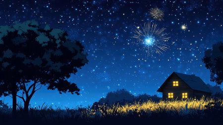 An enchanting scene featuring a cozy house surrounded by tall grass, beneath a stunning starry sky filled with colorful fireworks. The atmosphere conveys peace and warmth, perfect for tranquil evenings.の素材