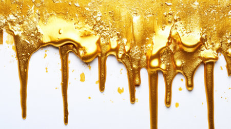 A stunning image of golden dripping paint showcasing vibrant texture and shine against a clean white background, ideal for artistic and luxury-themed projects.の素材
