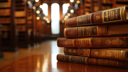 A collection of vintage books stacked on a wooden table in a historic library setting. Rows of bookshelves are warmly lit, creating a cozy atmosphere for reading and study.の素材