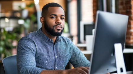 A young professional man sits at a computer in a modern office, focusing on his work while showcasing a stylish and contemporary workspace atmosphere.の素材