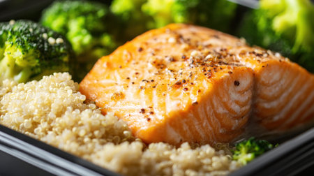 A nutritious meal prep featuring tender salmon, vibrant broccoli, and fluffy quinoa. Perfect for quick lunches or dinners, this dish offers balanced nutrition.の素材