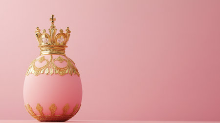 This elegant pink egg features a stunning golden crown resting on top. The soft pink background enhances its luxurious and festive appeal, perfect for unique decor.の素材