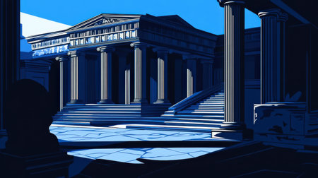 This graphic illustration features a grand ancient architecture scene with majestic columns and stairs bathed in a striking blue tone, creating a serene atmosphere.の素材