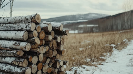 A picturesque view showcasing stacked logs against a winter backdrop. The snow-covered ground and distant mountains create a serene and tranquil atmosphere.の素材
