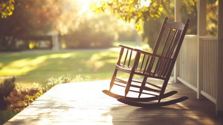 A beautifully crafted wooden rocking chair sits peacefully on a porch, bathed in warm sunlight during sunset, surrounded by nature's tranquility and charm.の素材