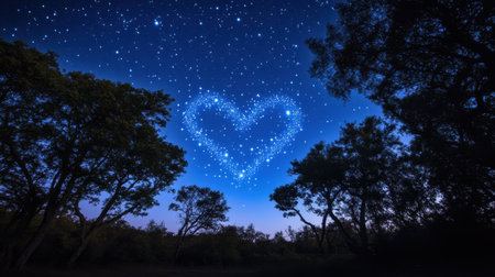 A mesmerizing night sky filled with twinkling stars forms a heart shape above silhouetted trees, creating a romantic and serene atmosphere in nature.の素材
