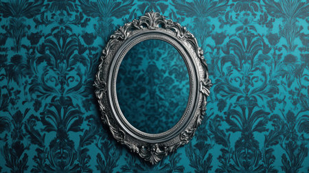 A beautifully ornate vintage mirror surrounded by luxurious teal wallpaper. This elegant interior piece enhances any space, adding charm and sophistication.の素材