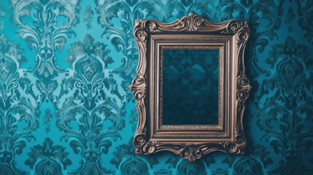 A stunning vintage frame stands against a teal damask wallpaper, showcasing intricate details. Perfect for home decor, reflection, and artistic design.の素材