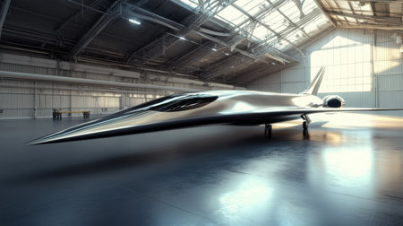 An advanced aircraft model showcased in a modern hangar, featuring sleek lines and a metallic finish under bright overhead lighting, highlighting its innovative design and engineering.の素材