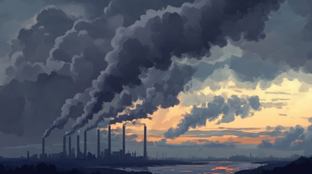 A dramatic industrial landscape featuring dark clouds and billowing smoke rising from factories. The scene captures the environmental impacts of industry during sunset.の素材