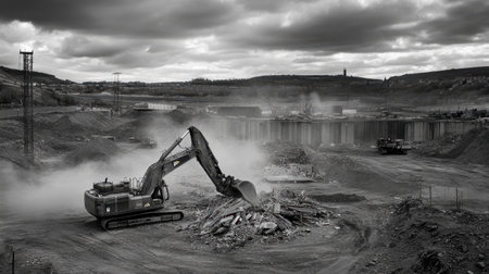 Heavy excavator operates on a construction site, lifting debris and dust rising amidst a rugged industrial landscape under a cloudy sky.の素材