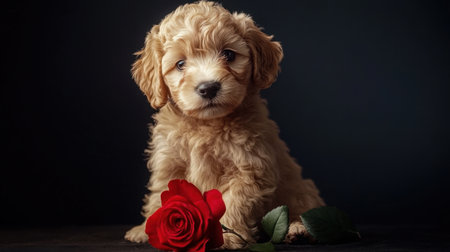 This charming puppy poses gracefully with a single red rose, capturing the essence of innocence and love. A perfect shot for animal lovers.の素材