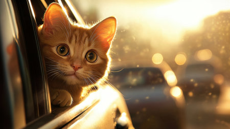 A charming ginger cat peers out of a car window during sunset, capturing a moment of curiosity and joy. The warm light enhances the cat's adorable expression.の素材
