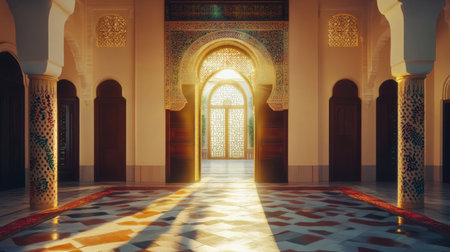 Explore the captivating beauty of a traditional Moroccan interior, where intricate patterns, warm light, and elegant architecture create a serene atmosphere.の素材