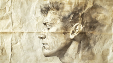 This artistic portrait features a contemplative profile rendered in soft hues and textures, evoking a sense of calm and introspection in a minimalist design.の素材