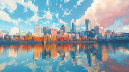 Stunning cityscape featuring modern buildings reflecting on tranquil water. The vibrant autumn foliage and soft clouds create a serene atmosphere. Perfect for travel and nature themes.の素材