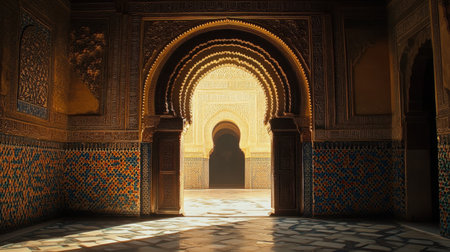 Explore the captivating beauty of a Moroccan heritage hallway, showcasing intricate arches, vibrant tile work, and warm natural light creating a serene atmosphere.の素材
