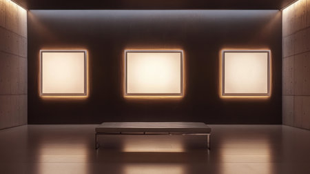 A sleek modern art gallery interior featuring illuminated empty frames and a minimalist bench. The space combines elegance with tranquil ambiance, inviting creativity.の素材